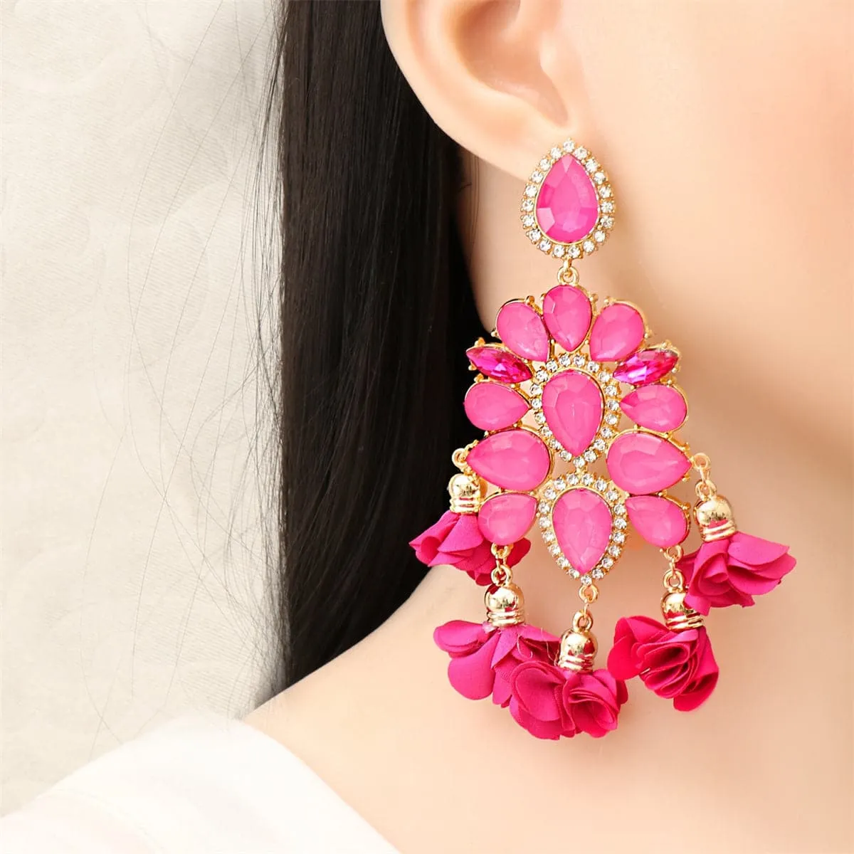 Crystal & Cubic Zirconia Flower Tassel Drop Earrings
