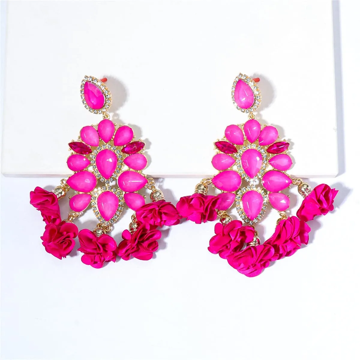 Crystal & Cubic Zirconia Flower Tassel Drop Earrings