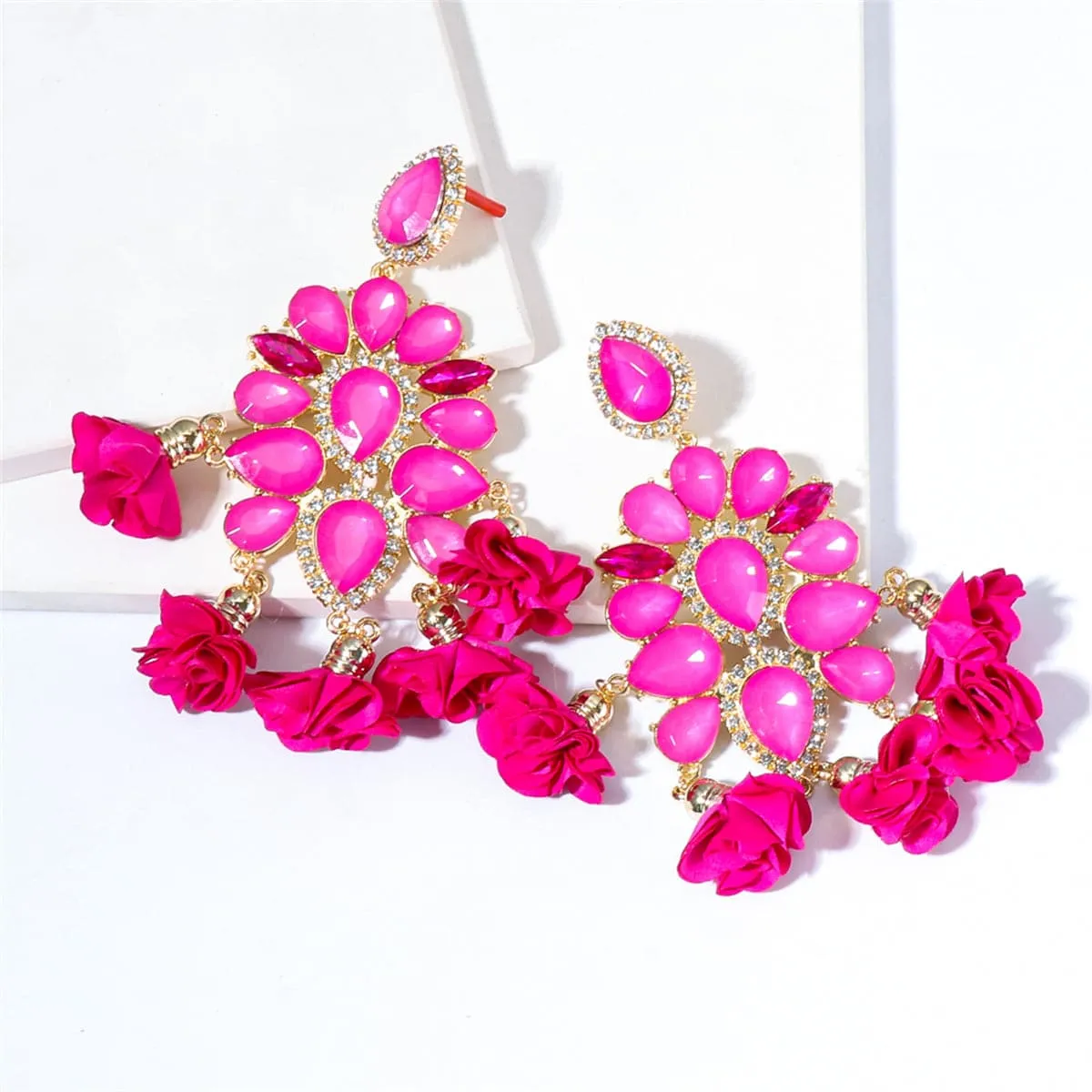 Crystal & Cubic Zirconia Flower Tassel Drop Earrings