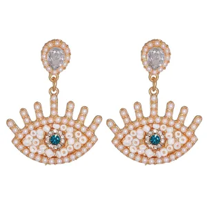 Crystal & Pearl 18K Gold-Plated Evil Eye Drop Earrings