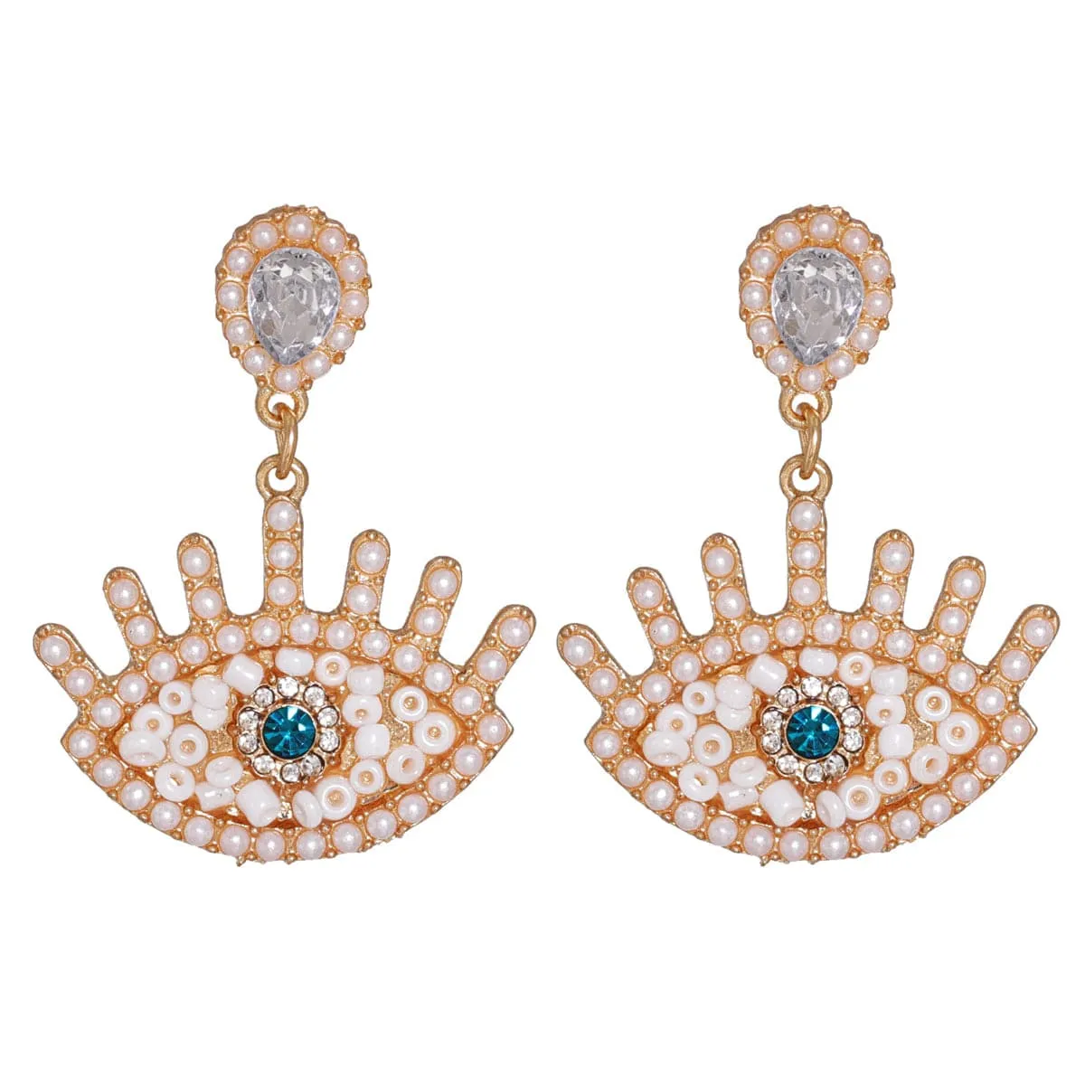 Crystal & Pearl 18K Gold-Plated Evil Eye Drop Earrings