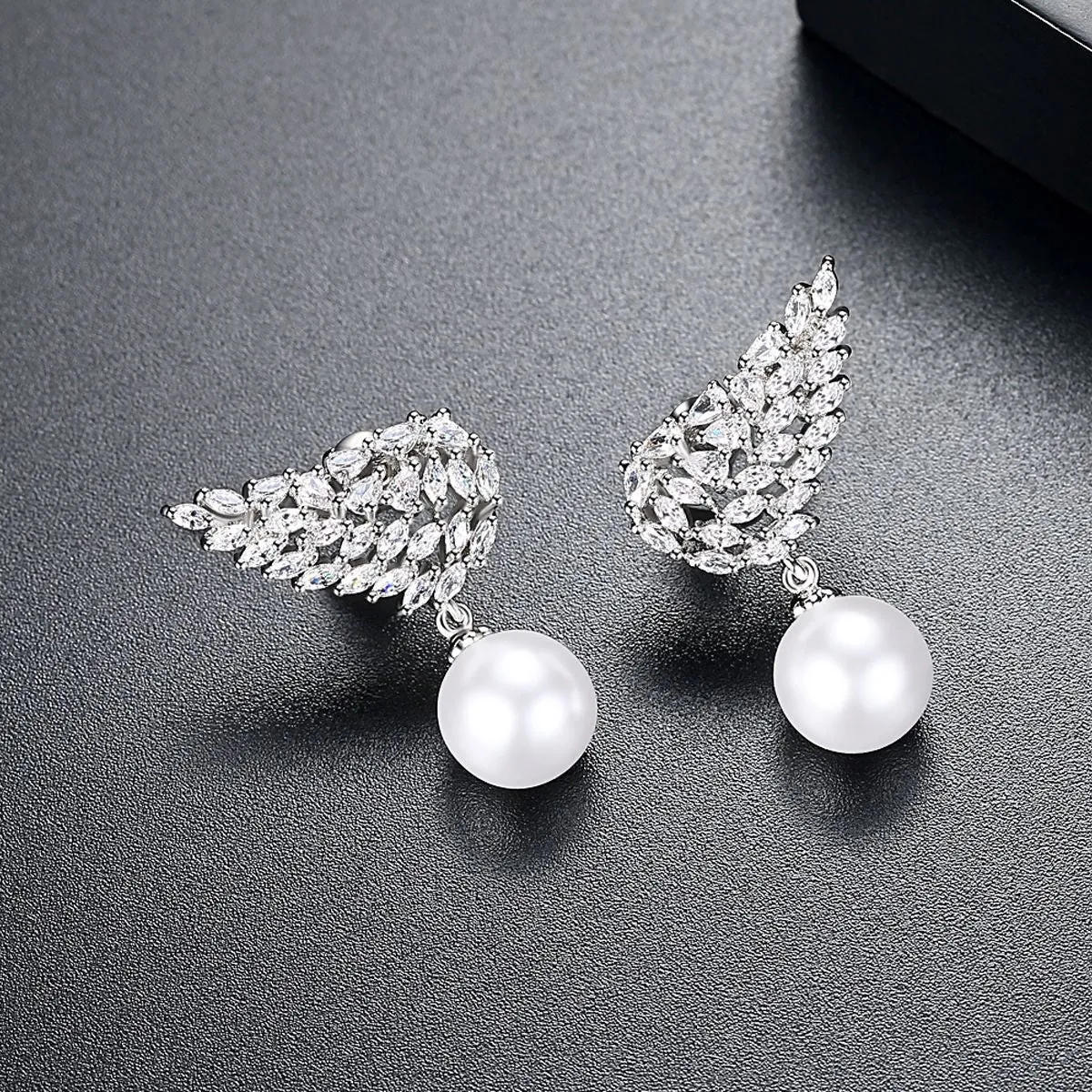 Crystal & Pearl Silver-Plated Wing Drop Earrings
