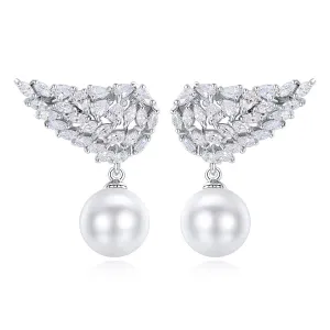 Crystal & Pearl Silver-Plated Wing Drop Earrings