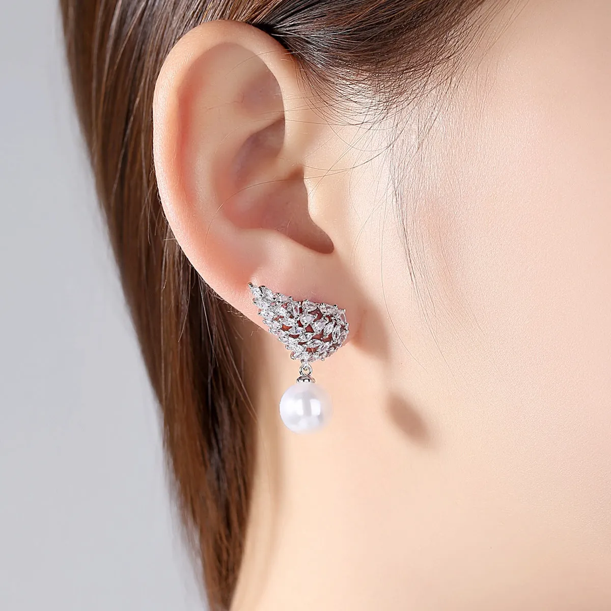 Crystal & Pearl Silver-Plated Wing Drop Earrings