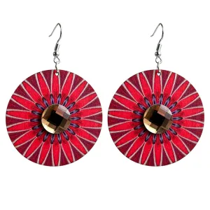 Crystal & Red Flower Round Drop Earrings