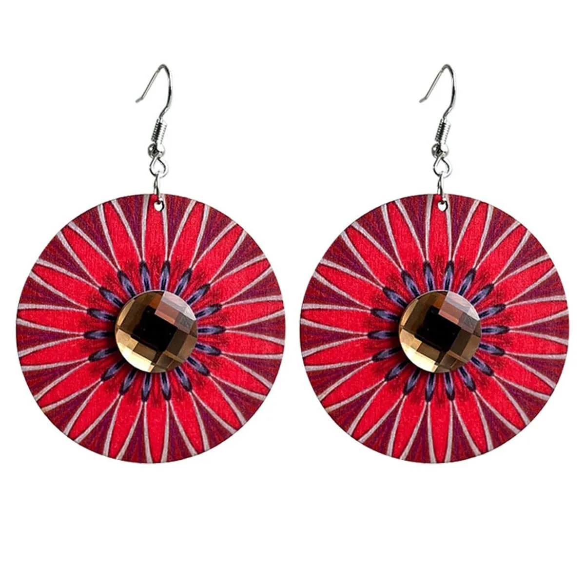 Crystal & Red Flower Round Drop Earrings