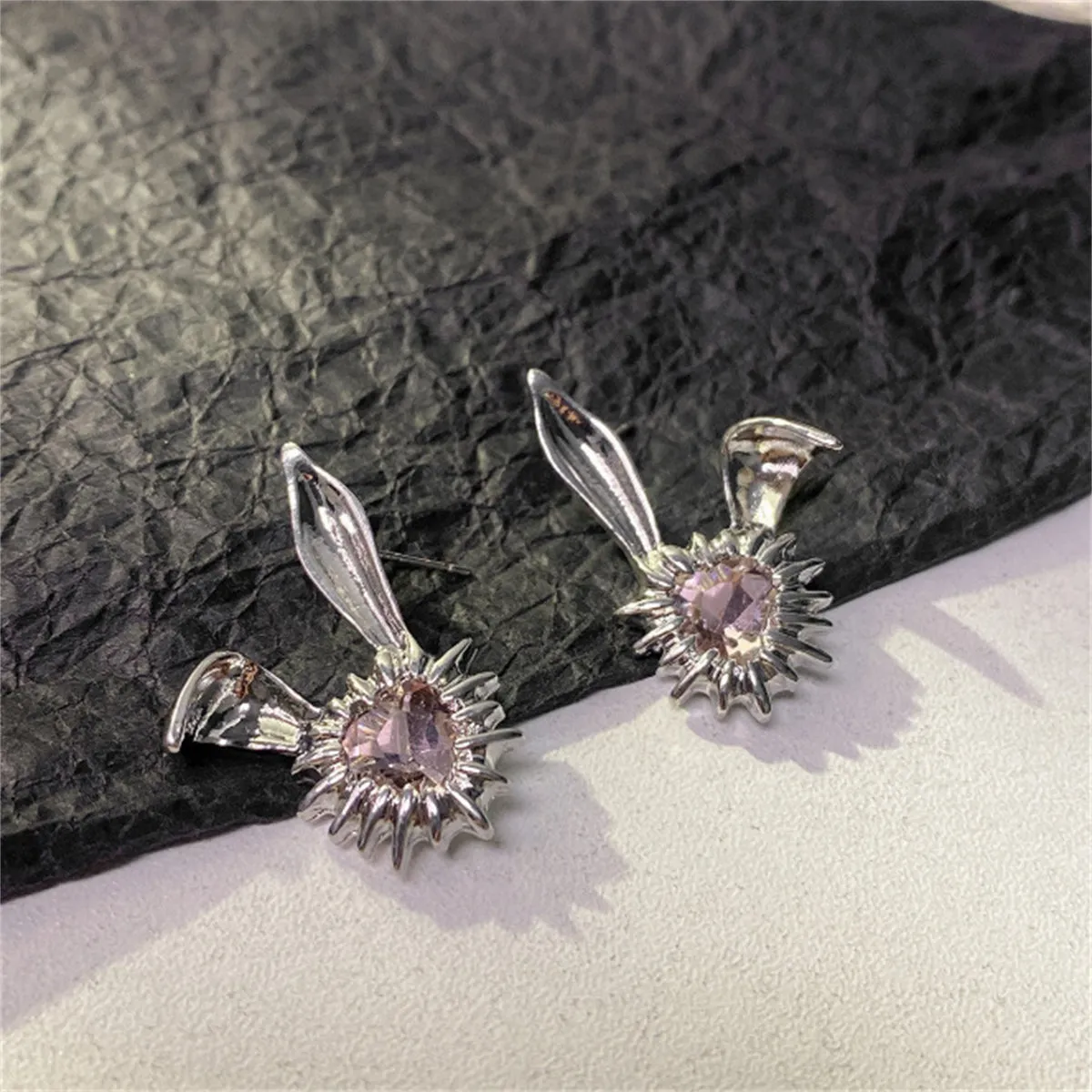 Crystal & Silver-Plated Heart Rabbit Stud Earrings