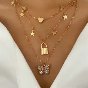 Cubic Zirconia & 18K Gold-Plated Butterfly Layered Pendant Necklace