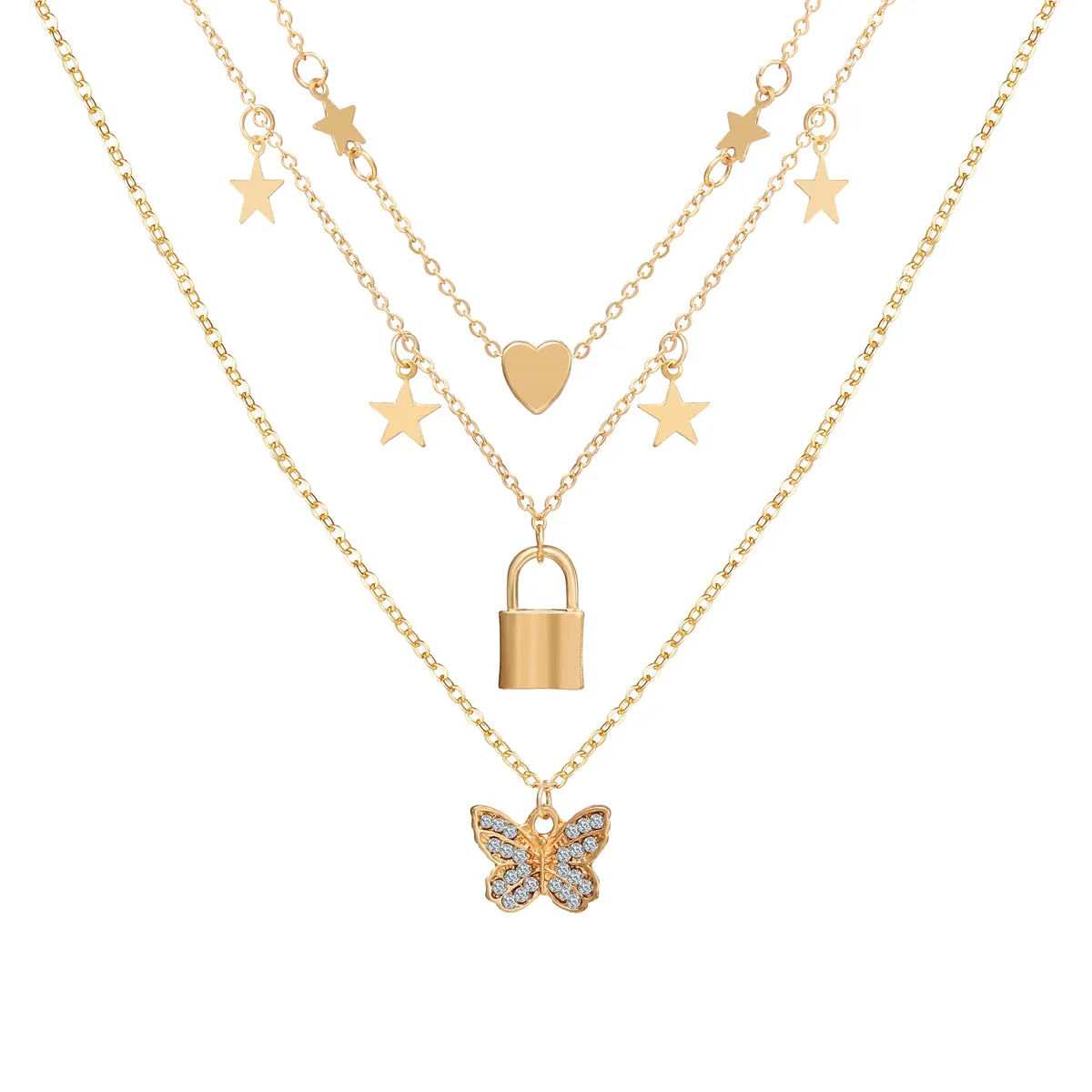 Cubic Zirconia & 18K Gold-Plated Butterfly Layered Pendant Necklace