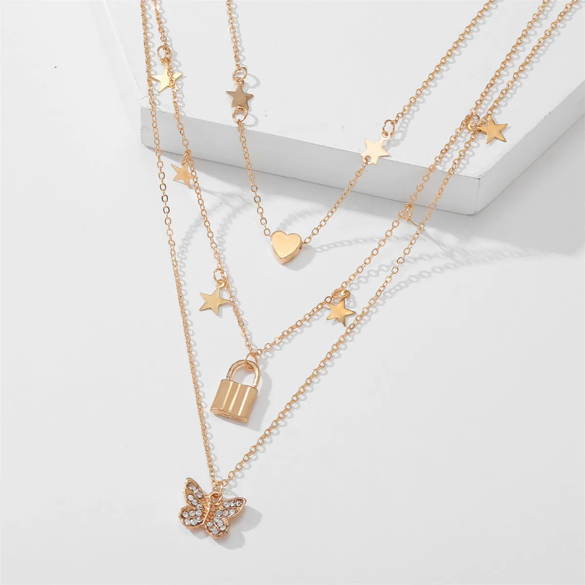 Cubic Zirconia & 18K Gold-Plated Butterfly Layered Pendant Necklace