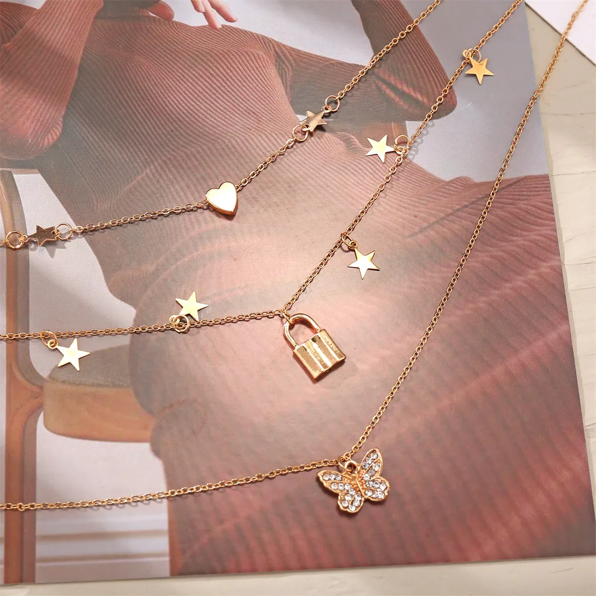 Cubic Zirconia & 18K Gold-Plated Butterfly Layered Pendant Necklace