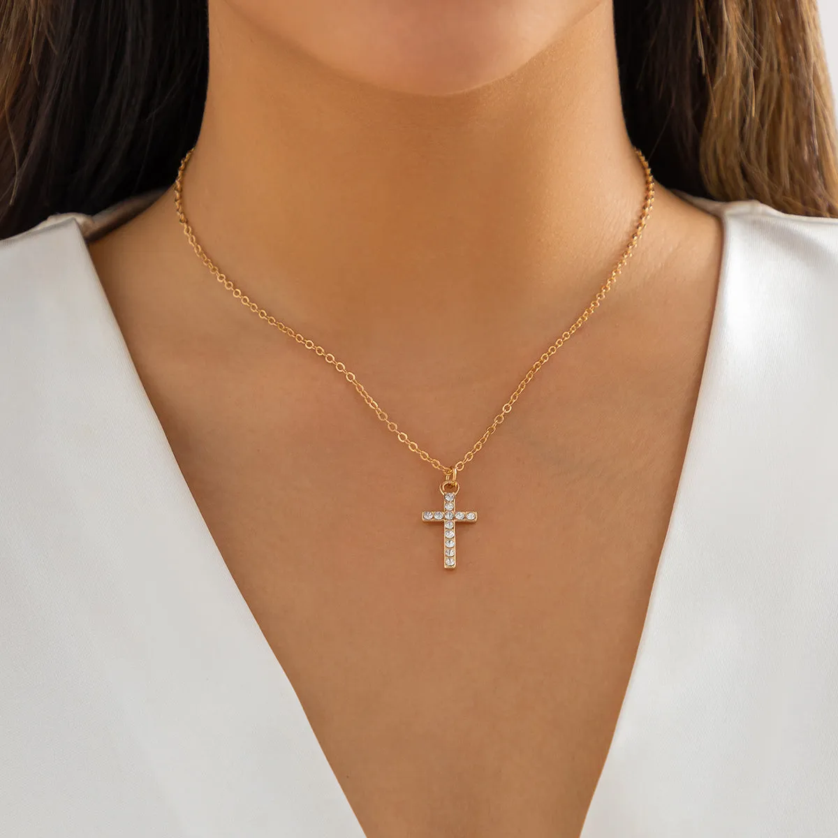 Cubic Zirconia & 18K Gold-Plated Cable Chain Cross Pendant Necklace