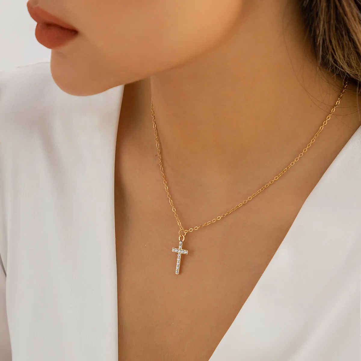 Cubic Zirconia & 18K Gold-Plated Cable Chain Cross Pendant Necklace