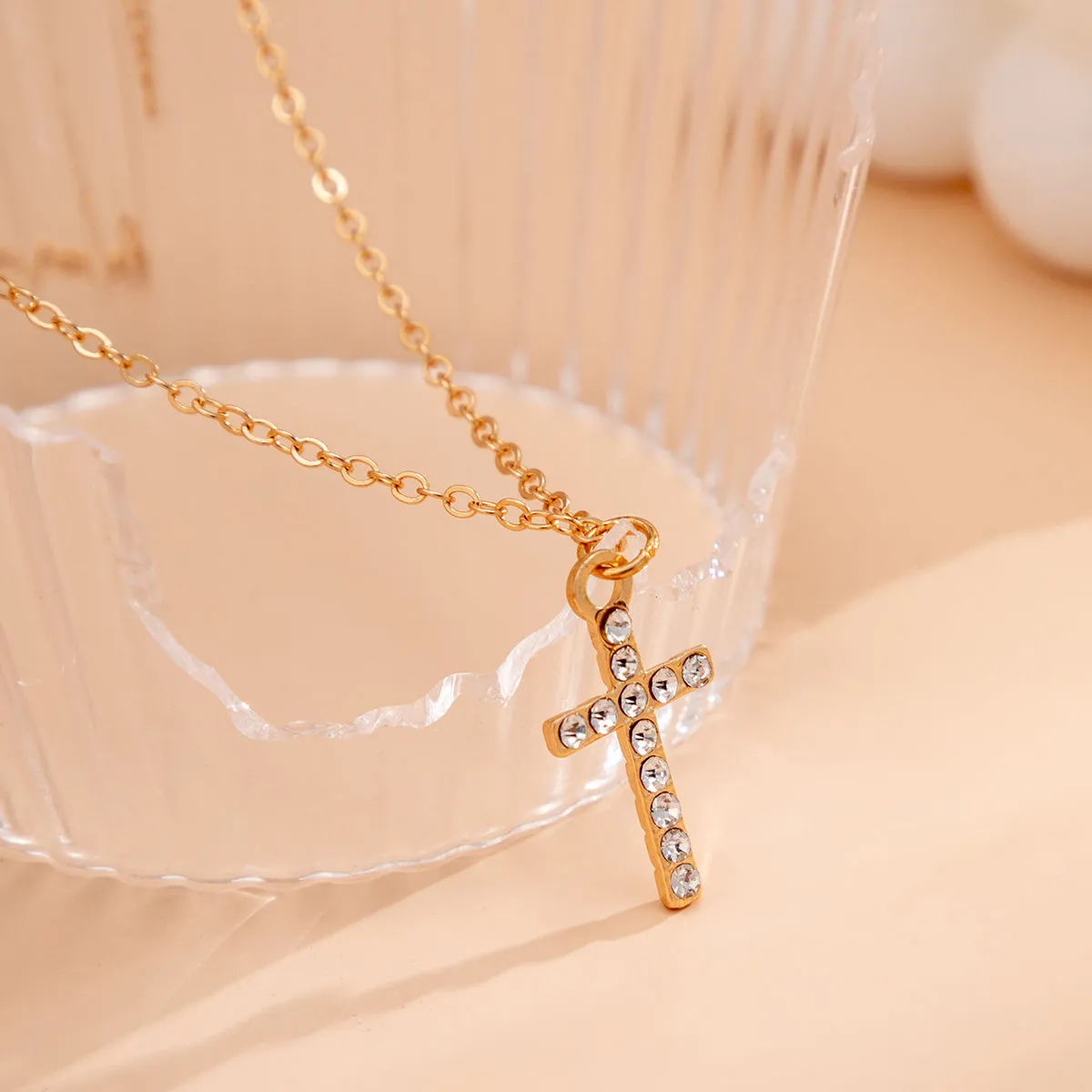 Cubic Zirconia & 18K Gold-Plated Cable Chain Cross Pendant Necklace