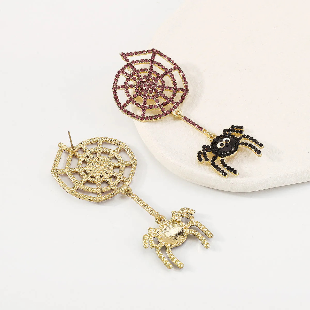 Cubic Zirconia & 18K Gold-Plated Cobweb Spider Drop Earring