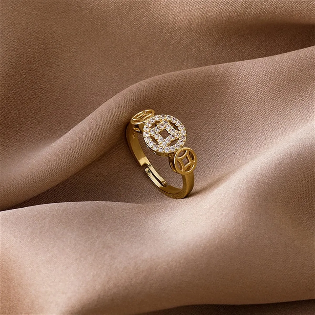 Cubic Zirconia & 18K Gold-Plated Coin Adjustable Ring