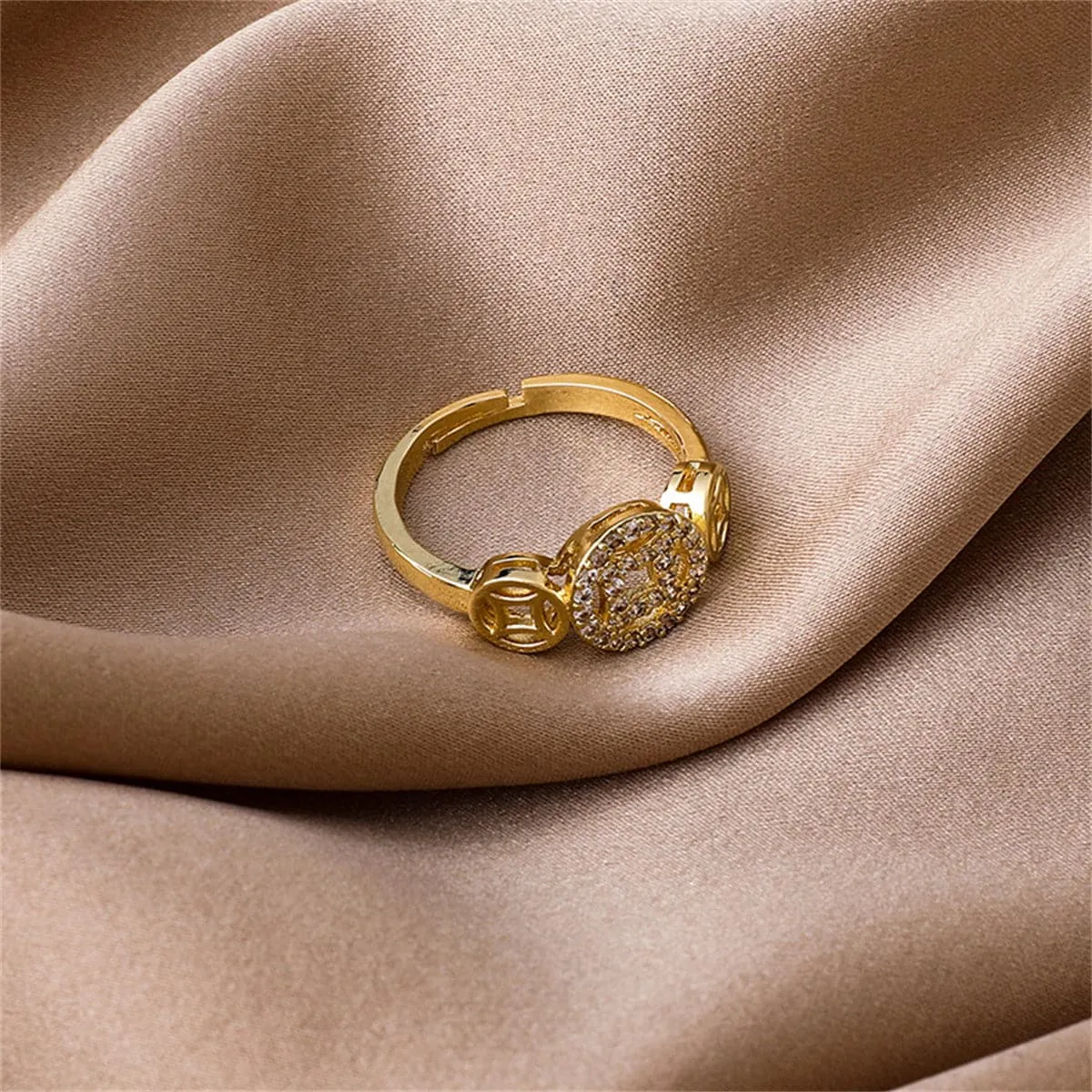 Cubic Zirconia & 18K Gold-Plated Coin Adjustable Ring