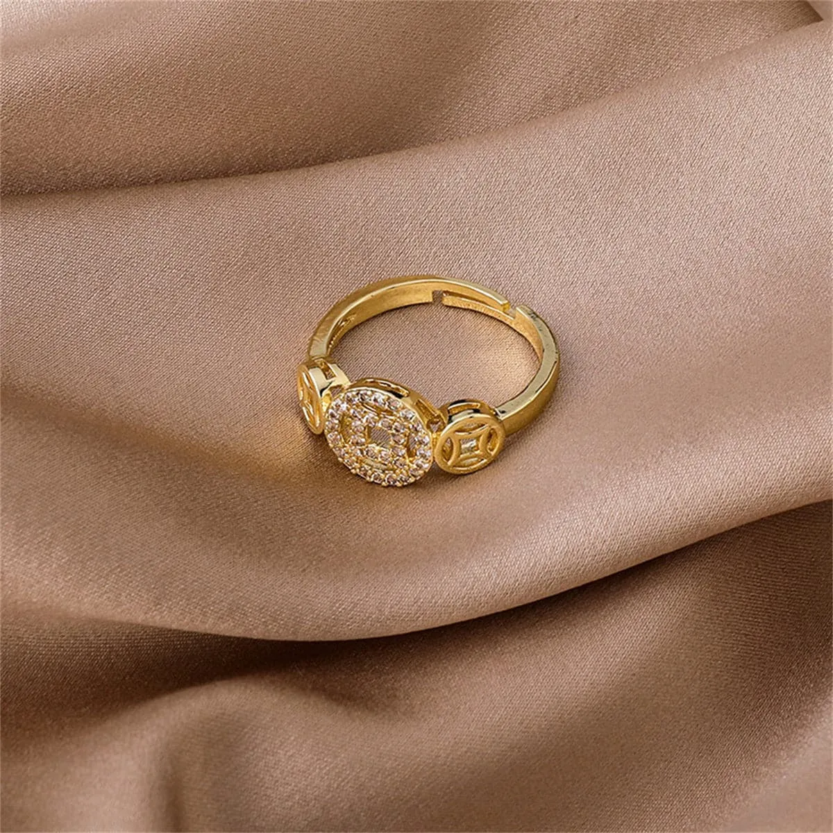 Cubic Zirconia & 18K Gold-Plated Coin Adjustable Ring