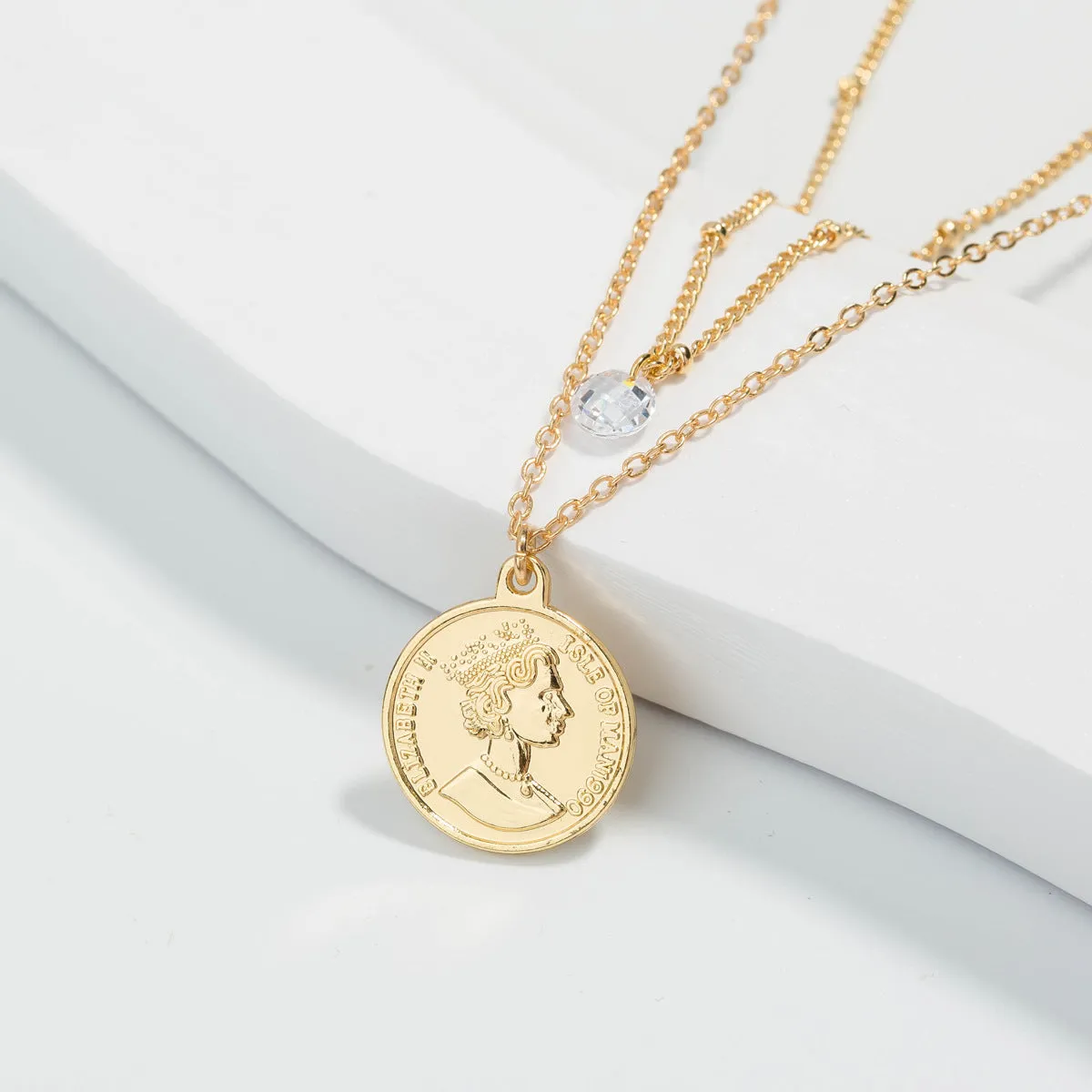 Cubic Zirconia & 18K Gold-Plated Coin Layered Necklace