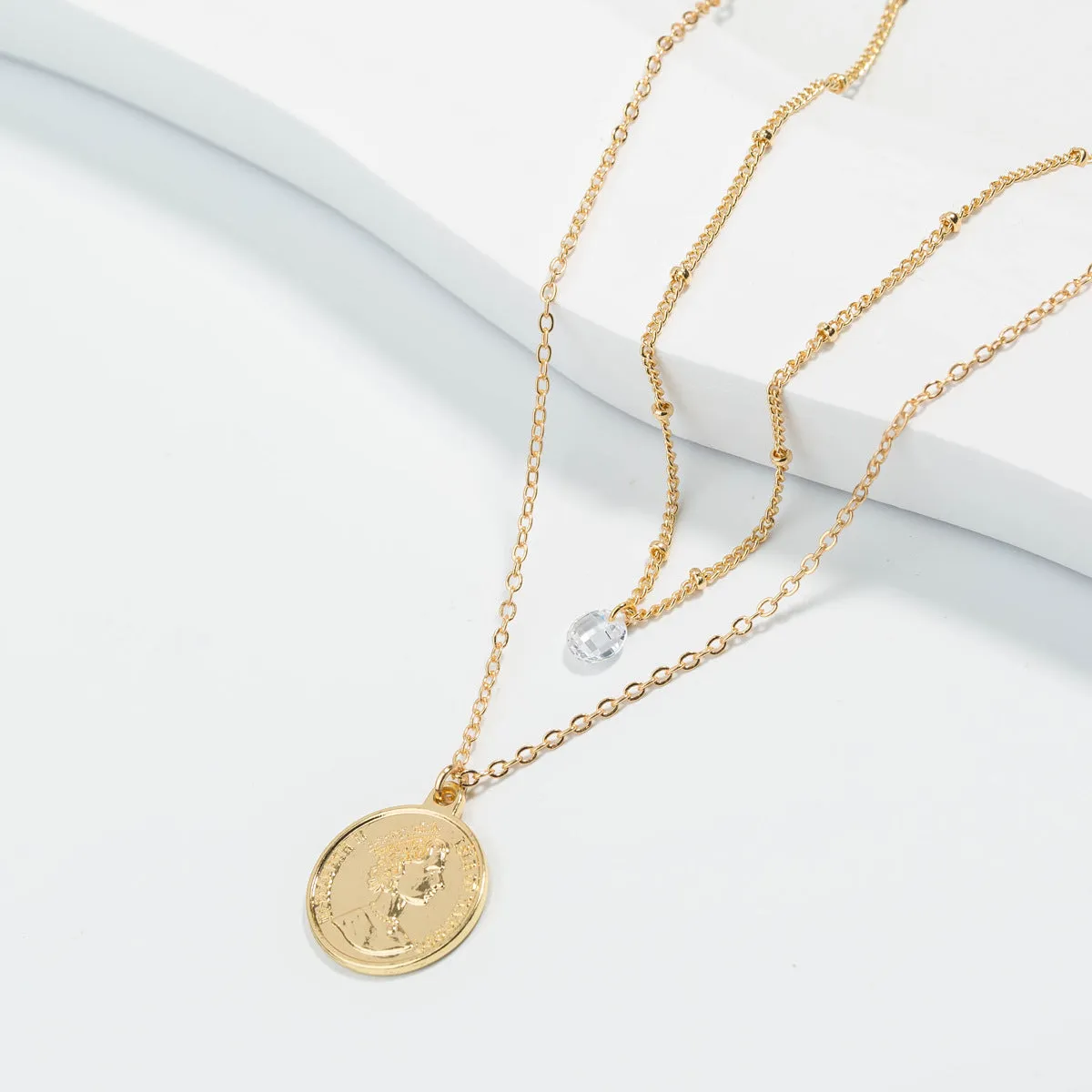 Cubic Zirconia & 18K Gold-Plated Coin Layered Necklace