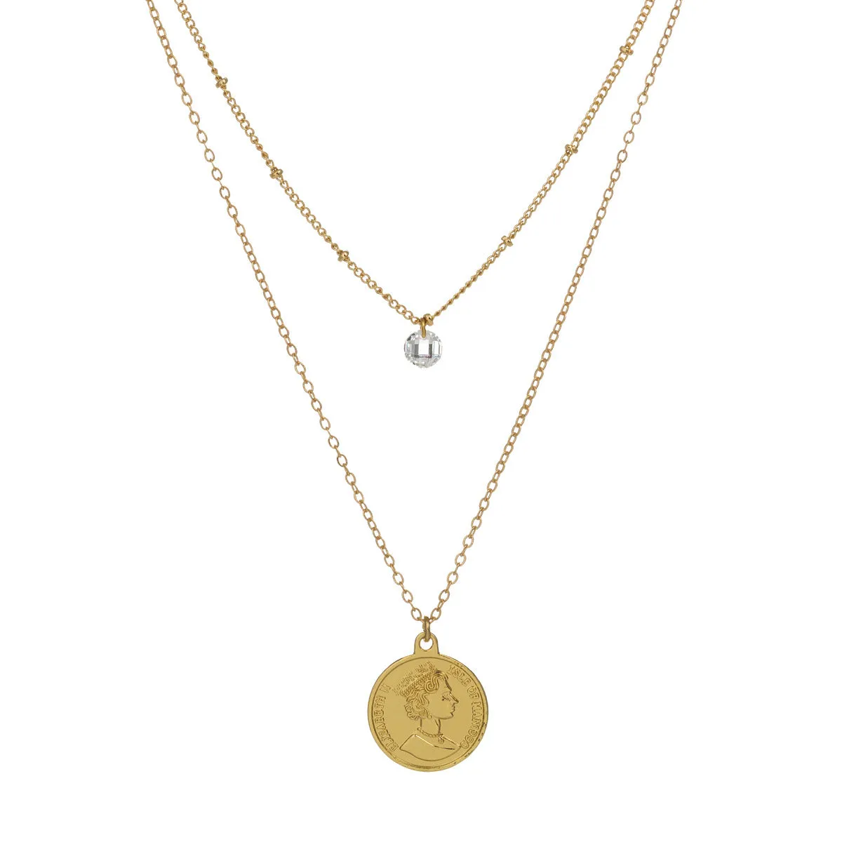 Cubic Zirconia & 18K Gold-Plated Coin Layered Necklace