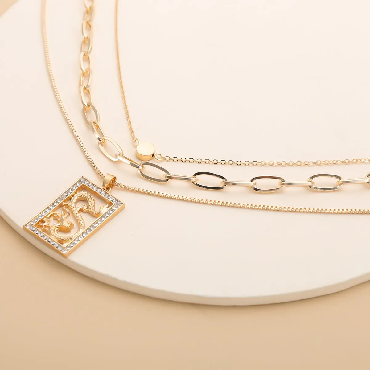 Cubic Zirconia & 18K Gold-Plated Dragon Card Pendant Layered Chain Necklace