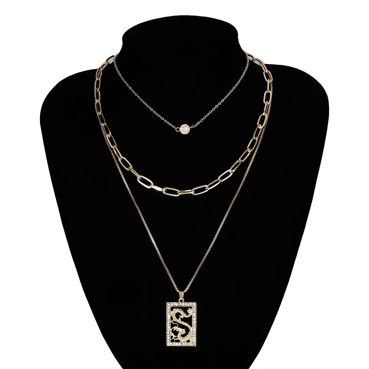 Cubic Zirconia & 18K Gold-Plated Dragon Card Pendant Layered Chain Necklace