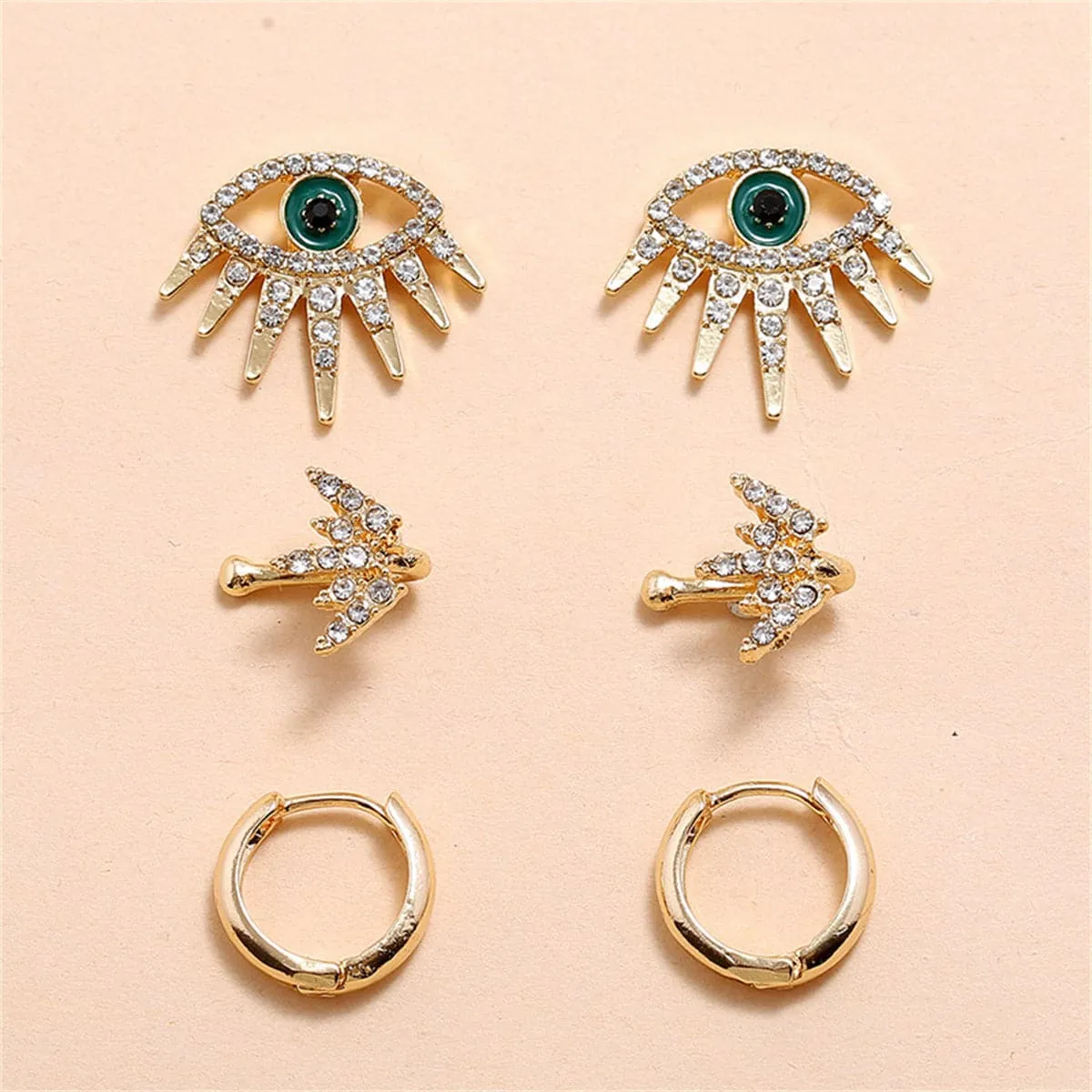 Cubic Zirconia & 18K Gold-Plated Eye Stud Earrings Set