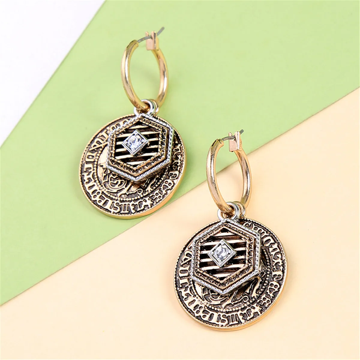 Cubic Zirconia & 18K Gold-Plated Horse Hexagon Coin Drop Earrings