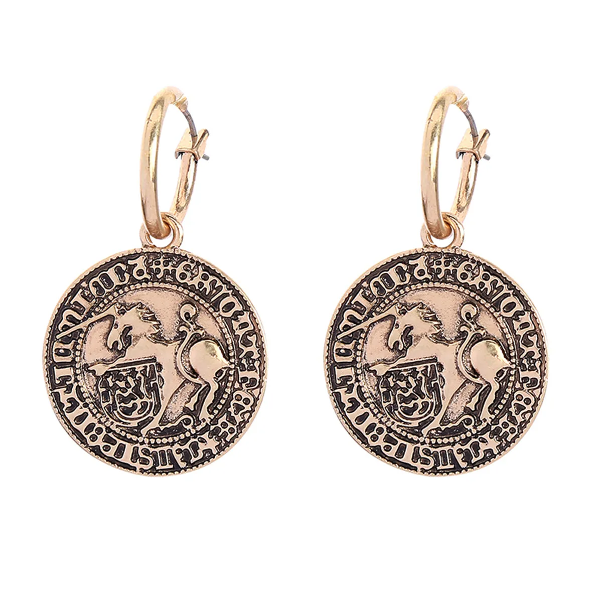 Cubic Zirconia & 18K Gold-Plated Horse Hexagon Coin Drop Earrings