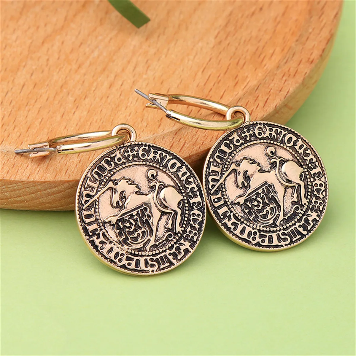 Cubic Zirconia & 18K Gold-Plated Horse Hexagon Coin Drop Earrings