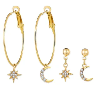 Cubic Zirconia & 18K Gold-Plated Moon & Star Drop Earrings Set