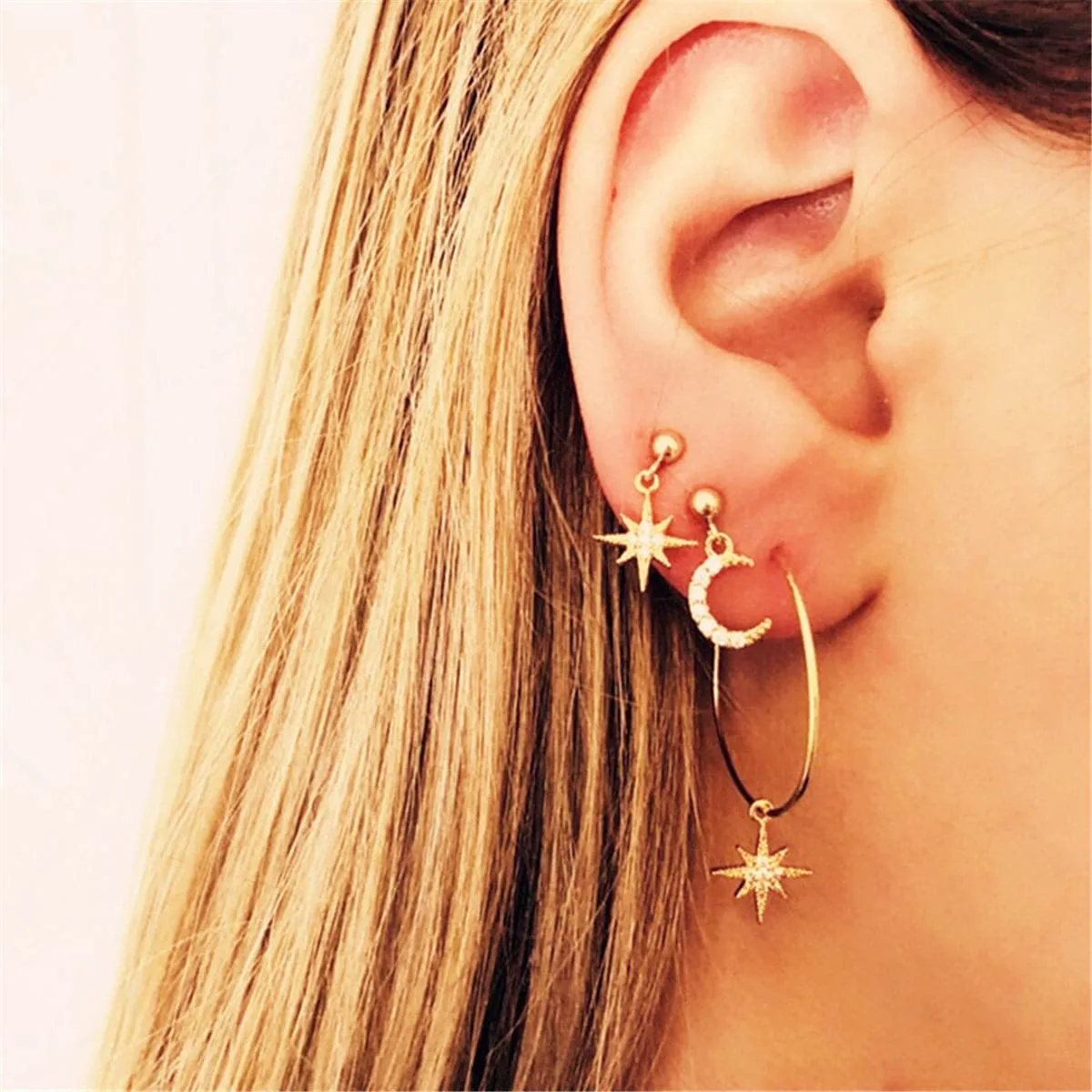 Cubic Zirconia & 18K Gold-Plated Moon & Star Drop Earrings Set
