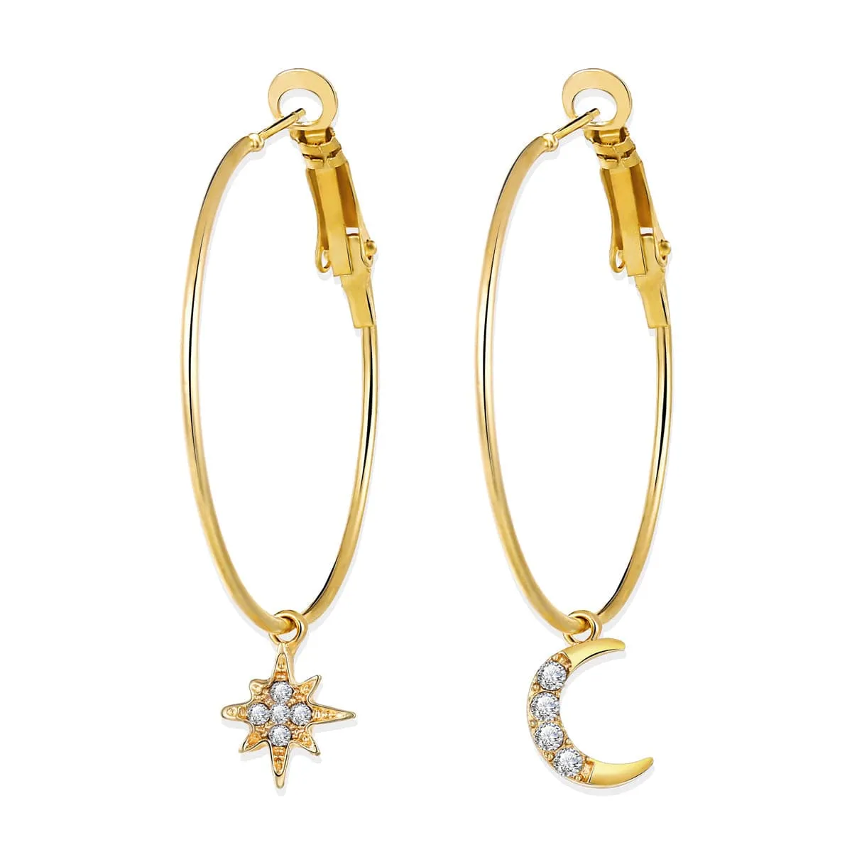 Cubic Zirconia & 18K Gold-Plated Moon & Star Drop Earrings Set