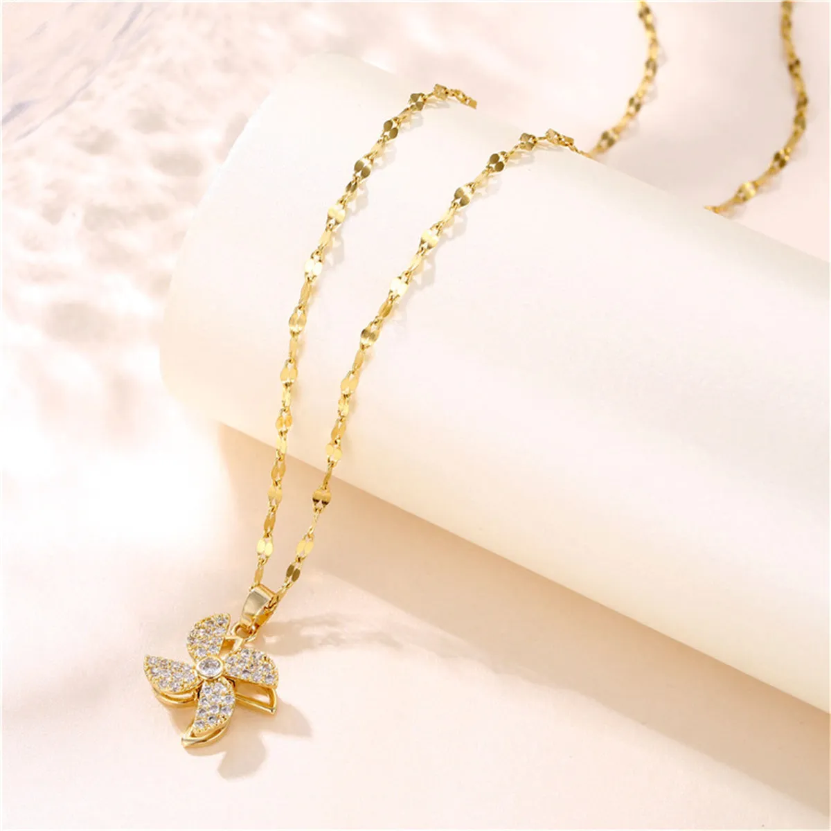Cubic Zirconia & 18K Gold-Plated Rotatable Windmill Pendant Necklace