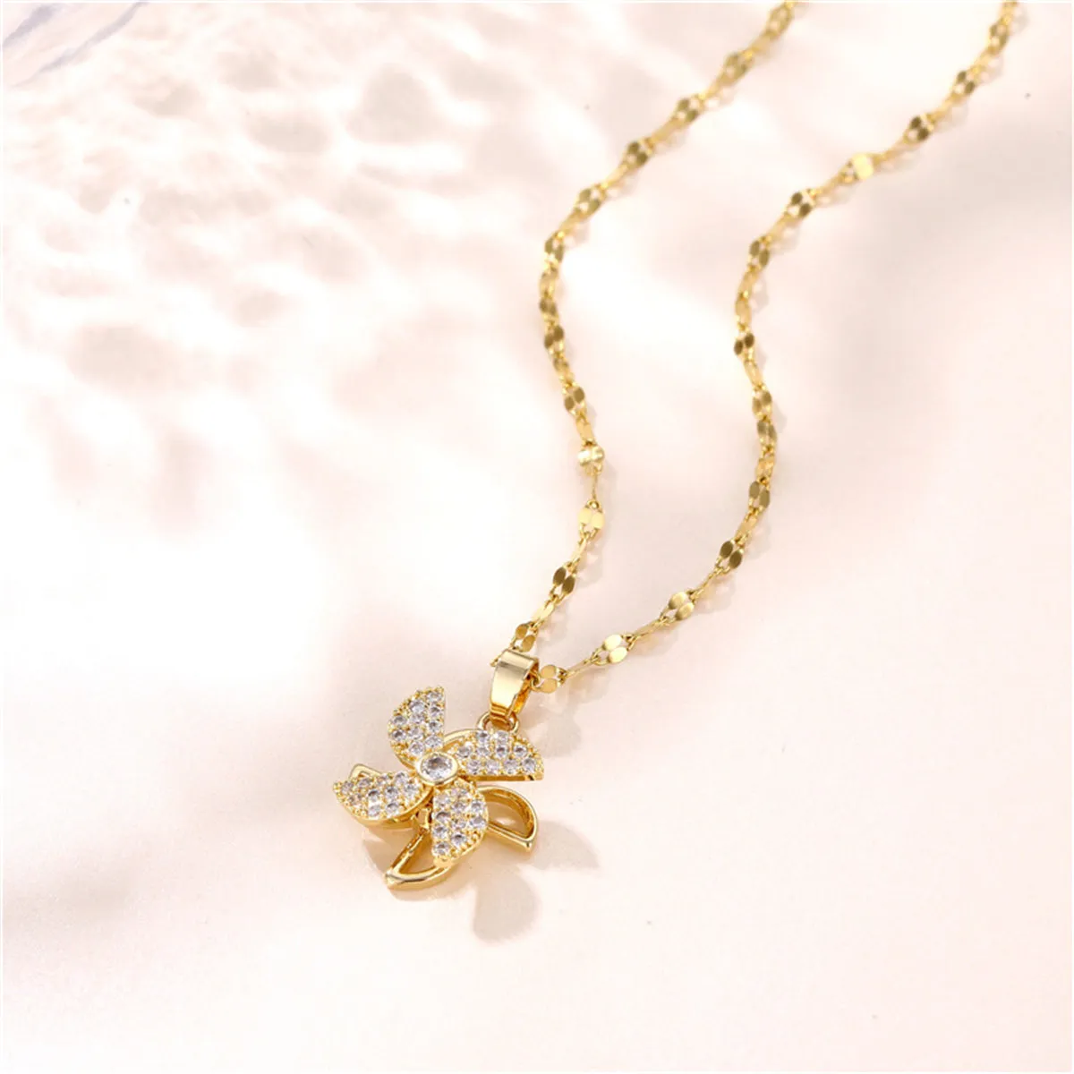 Cubic Zirconia & 18K Gold-Plated Rotatable Windmill Pendant Necklace