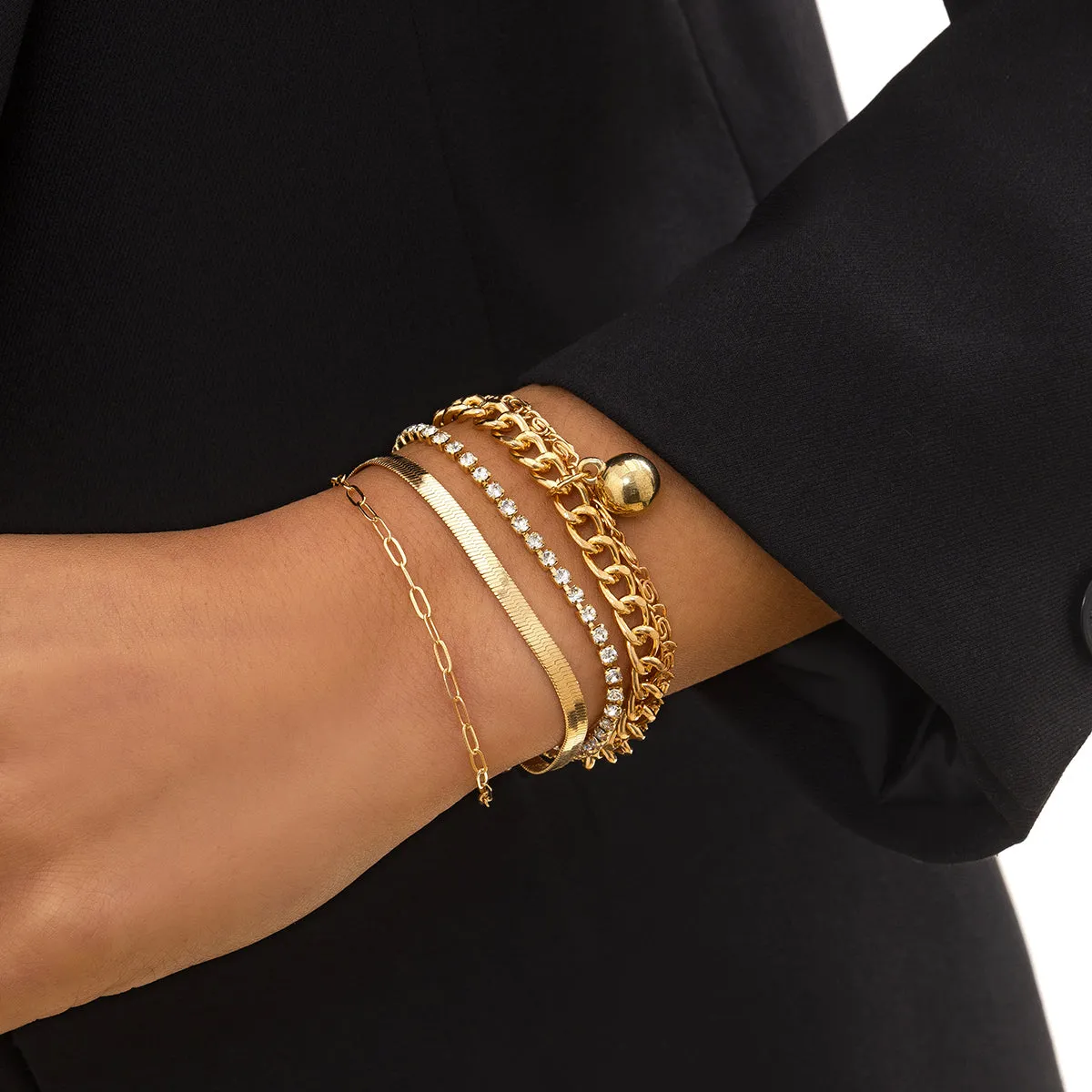 Cubic Zirconia & 18K Gold-Plated Snake Chain Layered Charm Bracelet