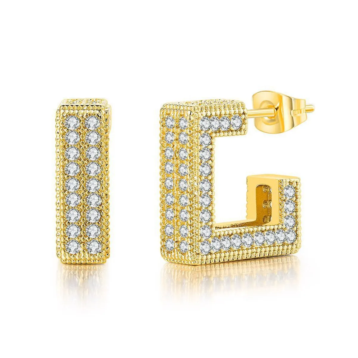 Cubic Zirconia & 18K Gold-Plated Square Huggie Earrings