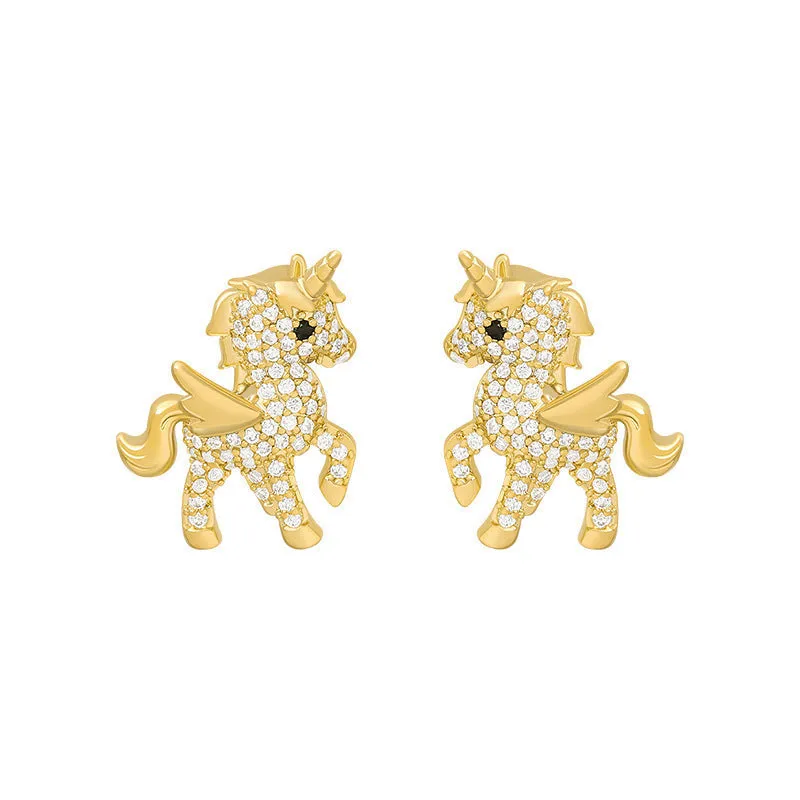 Cubic Zirconia & 18K Gold-Plated Unicorn Stud Earrings