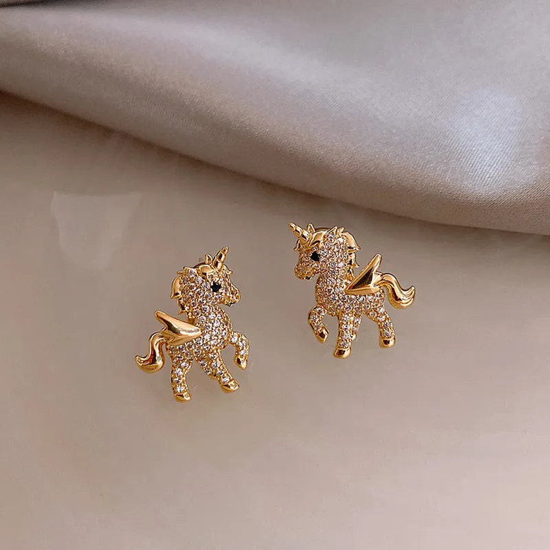 Cubic Zirconia & 18K Gold-Plated Unicorn Stud Earrings