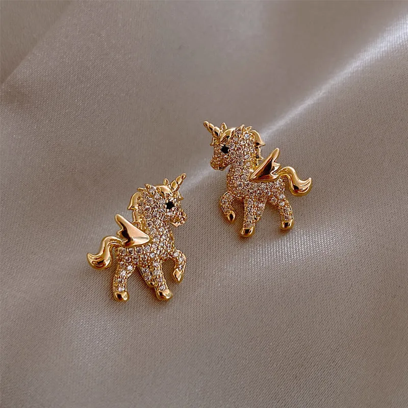 Cubic Zirconia & 18K Gold-Plated Unicorn Stud Earrings