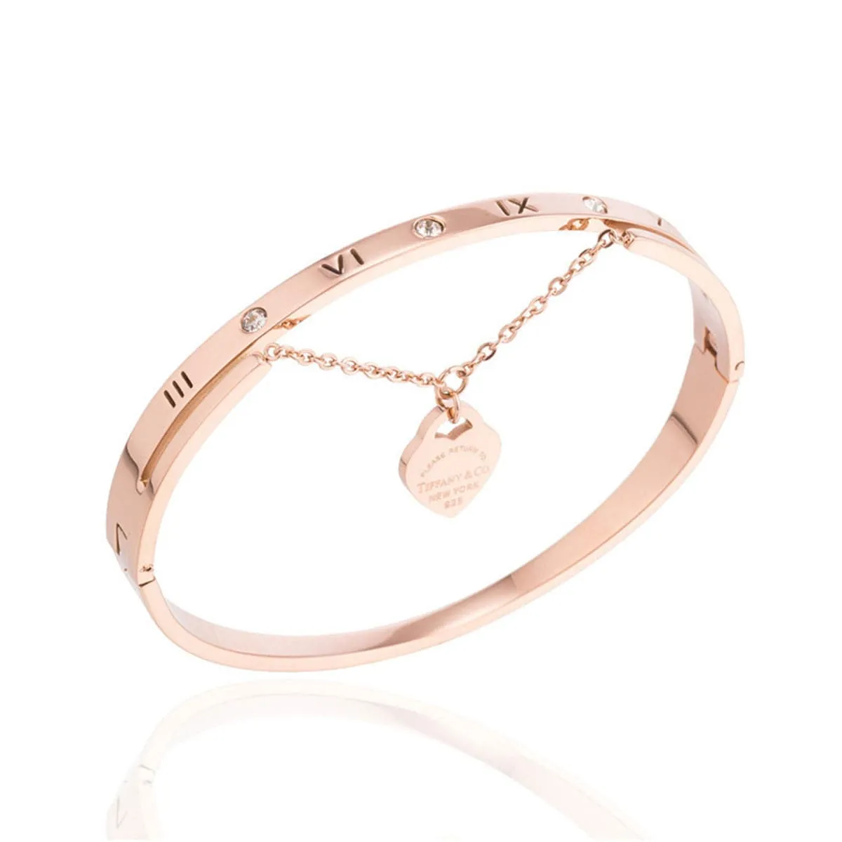 Cubic Zirconia & 18K Rose Gold-Plated Heart Charm Bangle