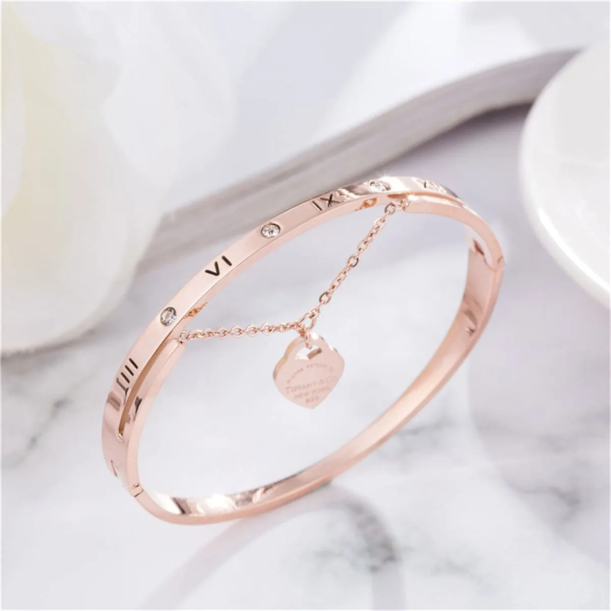 Cubic Zirconia & 18K Rose Gold-Plated Heart Charm Bangle