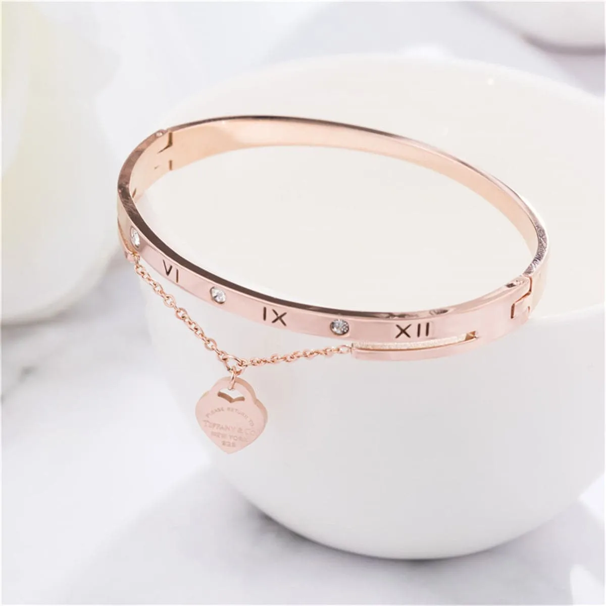 Cubic Zirconia & 18K Rose Gold-Plated Heart Charm Bangle