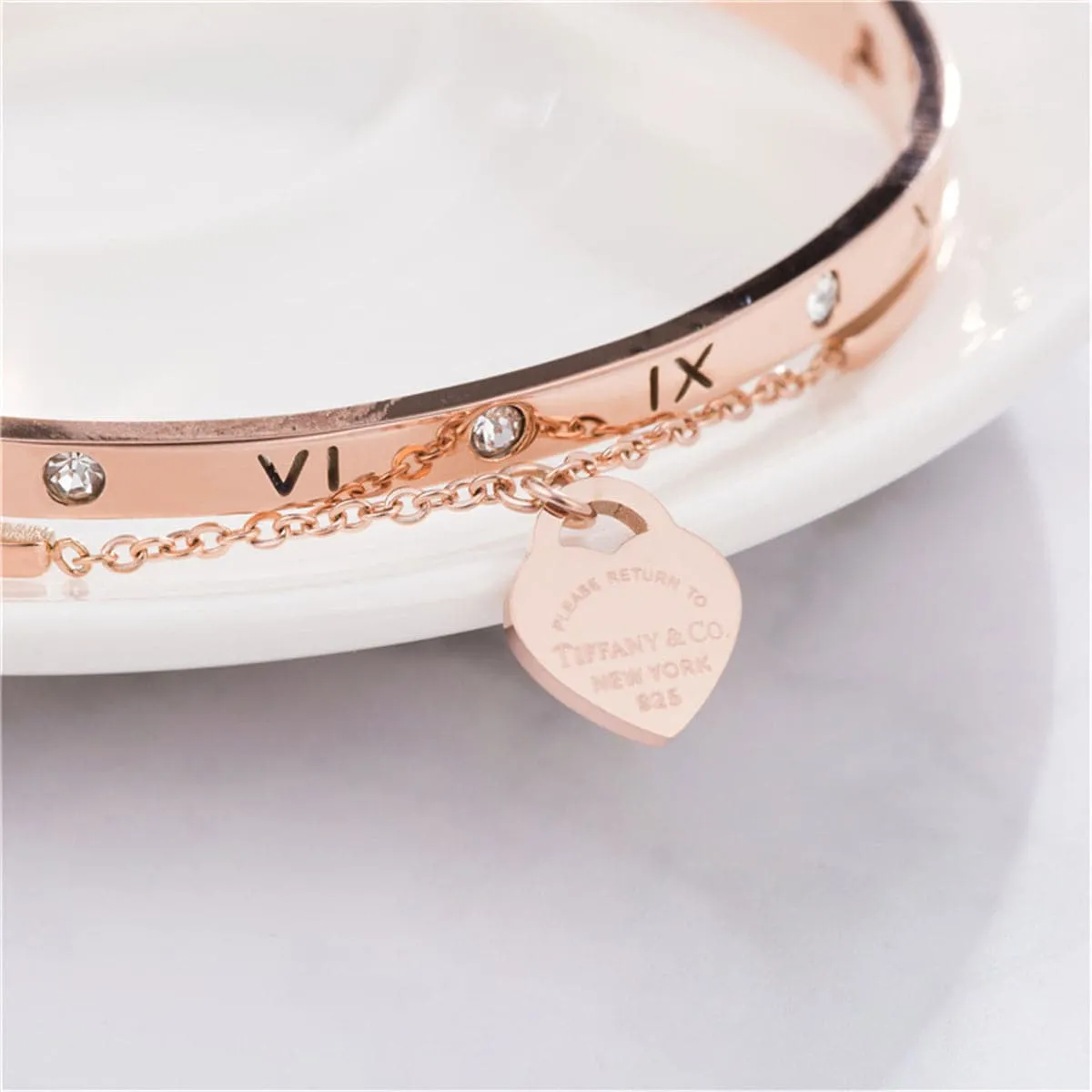 Cubic Zirconia & 18K Rose Gold-Plated Heart Charm Bangle