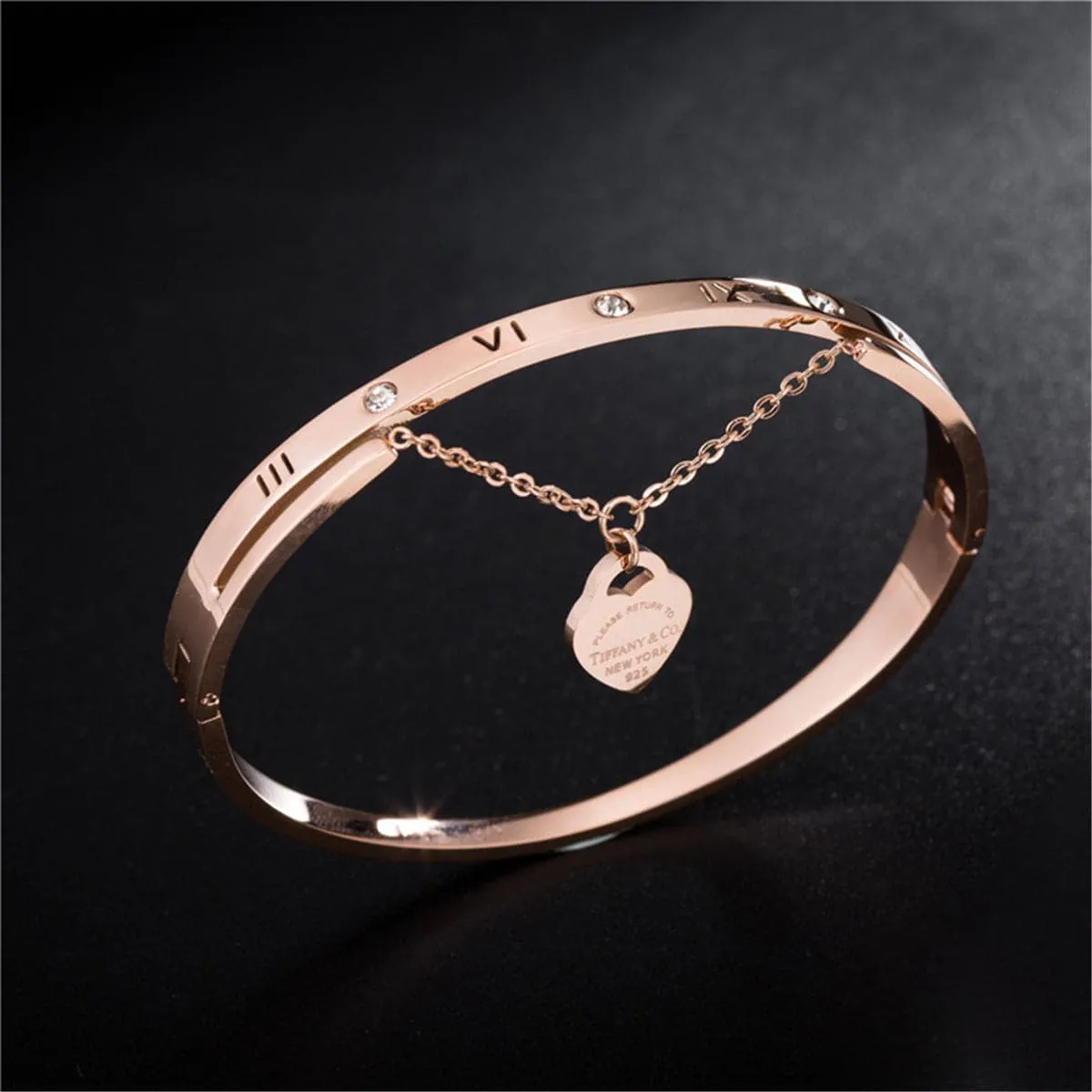 Cubic Zirconia & 18K Rose Gold-Plated Heart Charm Bangle