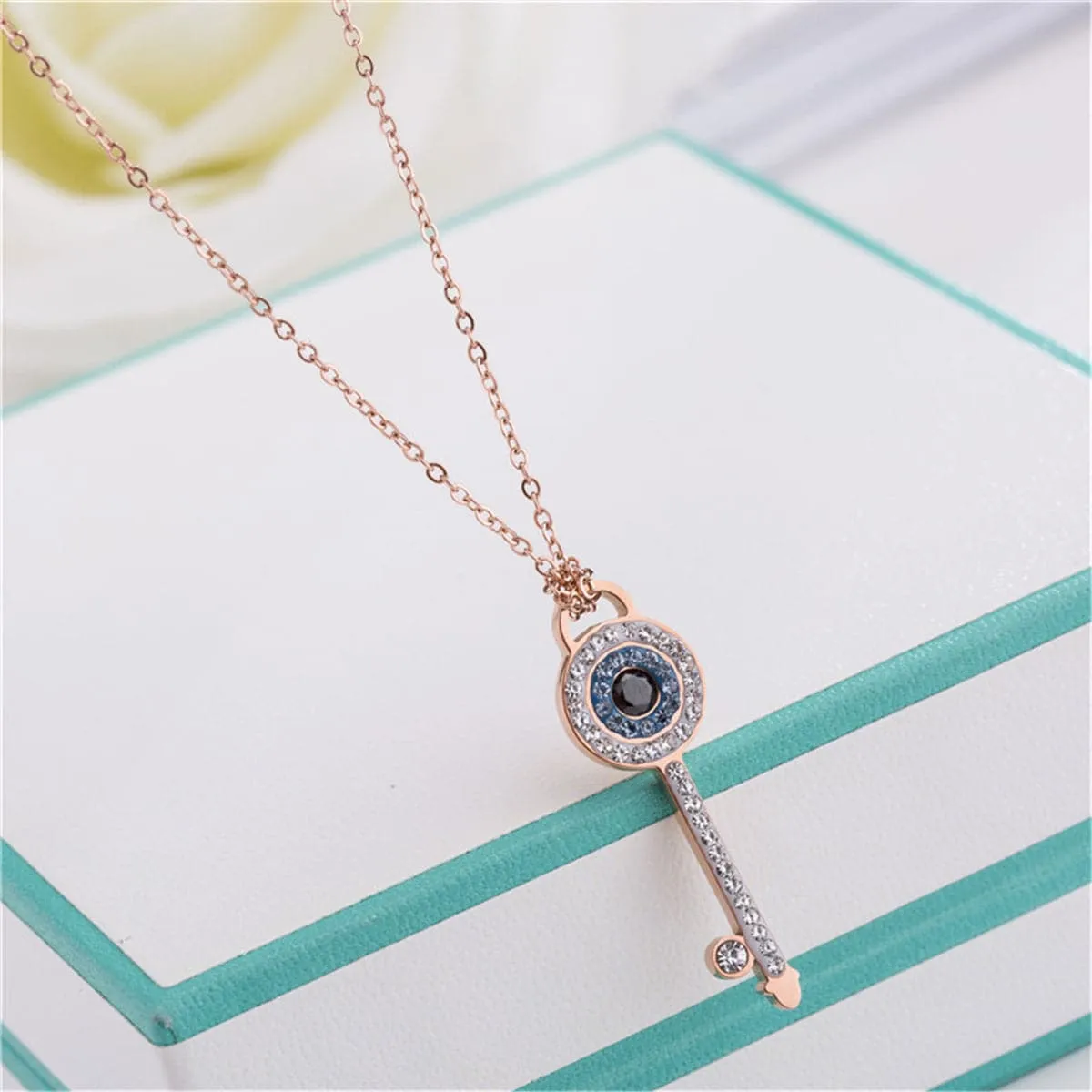 Cubic Zirconia & 18K Rose Gold-Plated Key Pendant Necklace