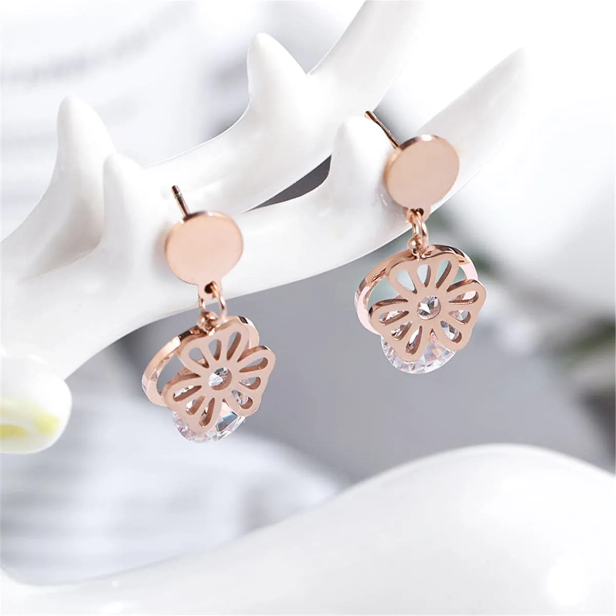 Cubic Zirconia & 18K Rose Gold-Plated Open Flower Drop Earrings