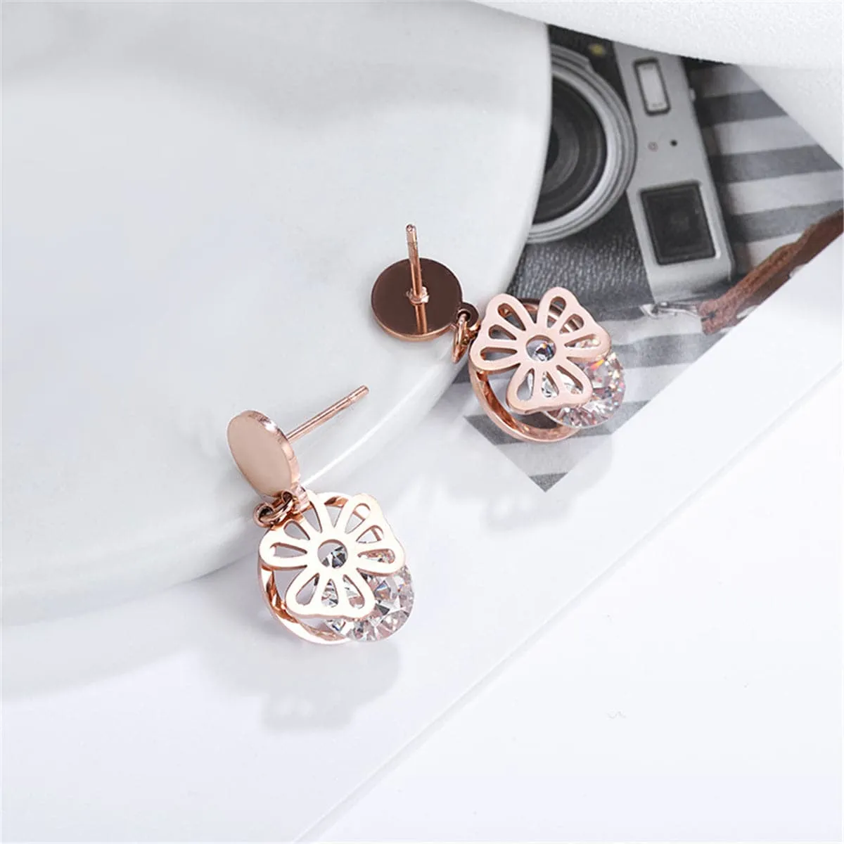 Cubic Zirconia & 18K Rose Gold-Plated Open Flower Drop Earrings
