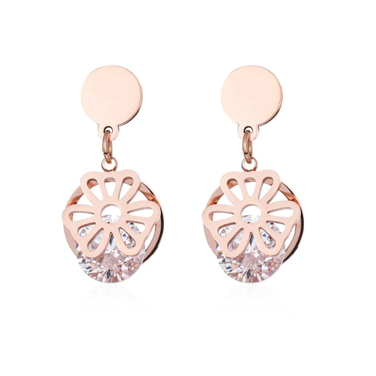 Cubic Zirconia & 18K Rose Gold-Plated Open Flower Drop Earrings